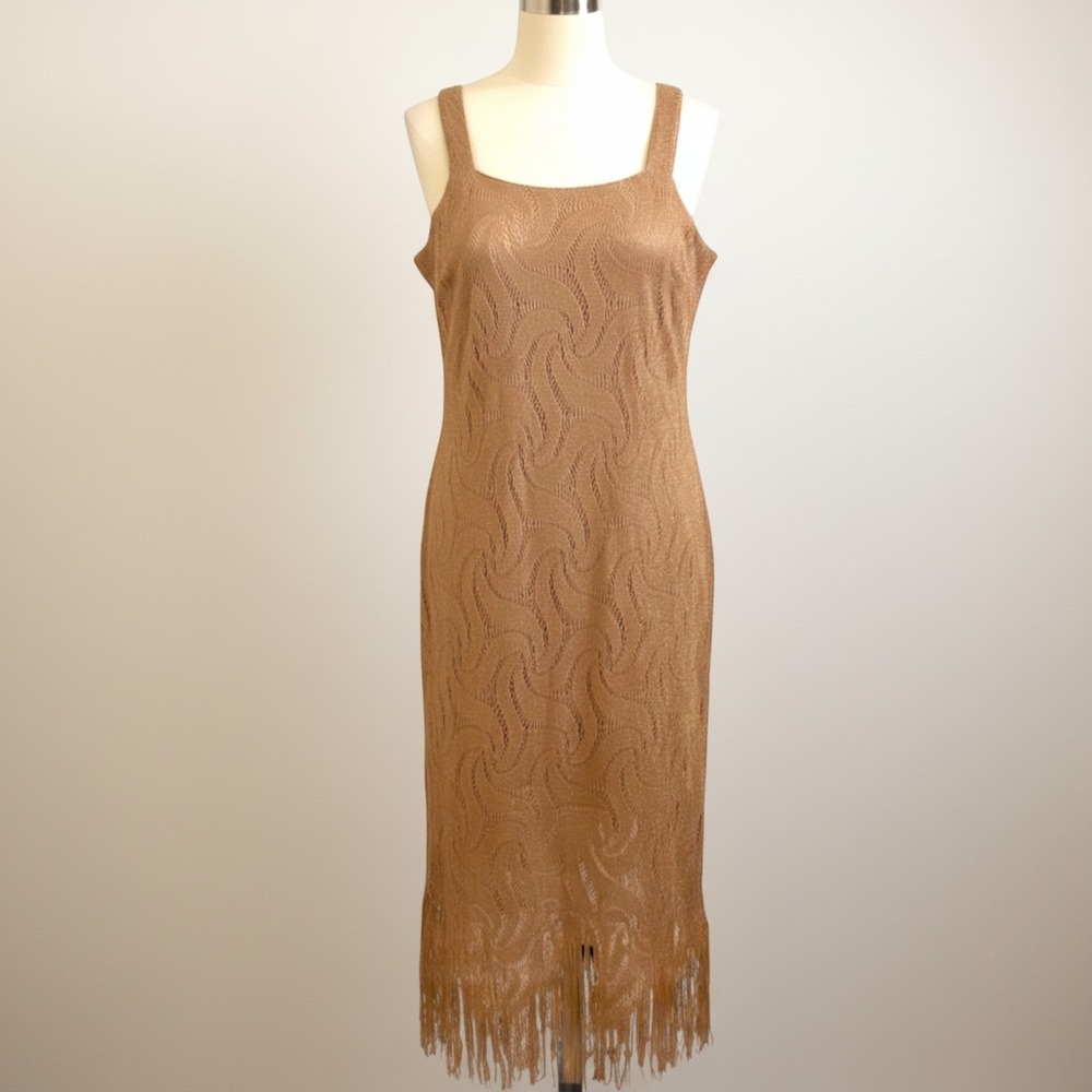 S.L. Fashions Womens Dress 16 Gold Metallic Fringe Midi‎ Sparkle Gatsby Party